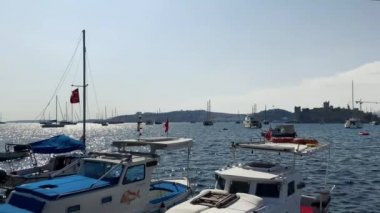 İskeleye demirlemiş tekneleri, dağlara ve denize bakan palmiyeleri olan Türkiye 'de bir tatil köyü manzarası.