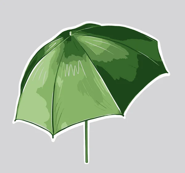 Naklejka wektorowa z białym brzegiem z zielonym parasolem plażowym na szarym tle — Wektor stockowy