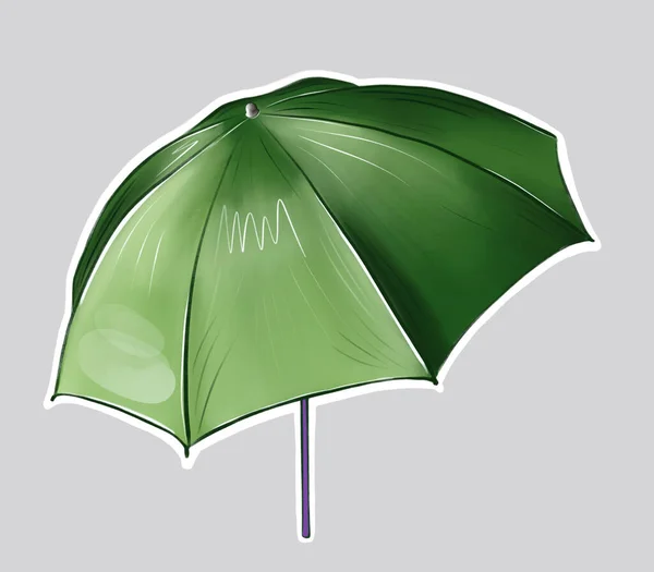 Samolepka s bílým okrajem se zeleným plážovým deštníkem na šedém pozadí — Stock fotografie