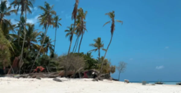 Wazige achtergrond, hoge palmbomen en bungalows met rieten daken tegen een prachtige blauwe lucht. Toerisme en recreatie — Stockfoto