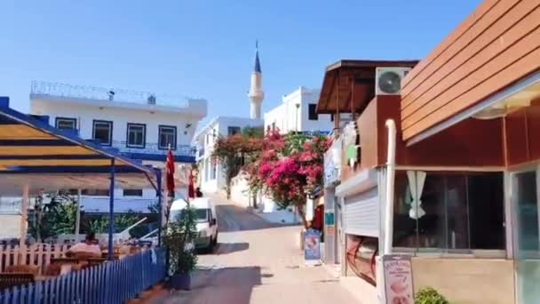 Wandeling langs de dijk van een badplaats in Turkije tussen palmbomen, winkels, parasols tegen de blauwe lucht — Stockvideo