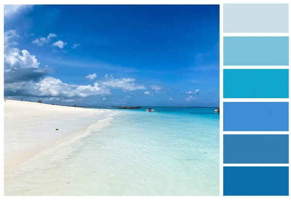 紺碧の水と白い砂の美しい風景から作られた青いパレット — ストック写真