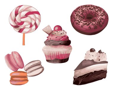 Pembe, bej ve kahverengi renkli şekerler, çörek, lolipop, pasta, kek ve makaron.