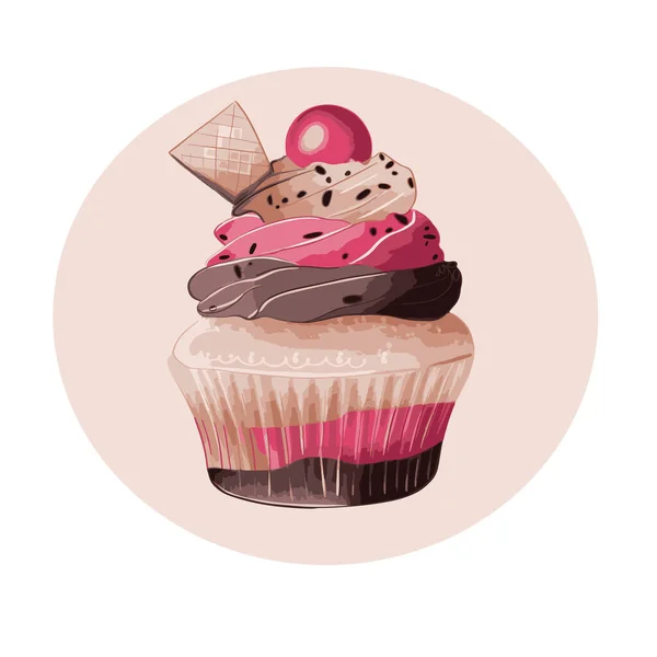 Vektor matrica egy cupcake rózsaszín és barna színekben és cukorka és gofri tetején — Stock Vector