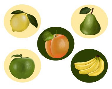 Yeşil ve sarı renkli meyveler, kayısı, elma, armut, muz ve limon.