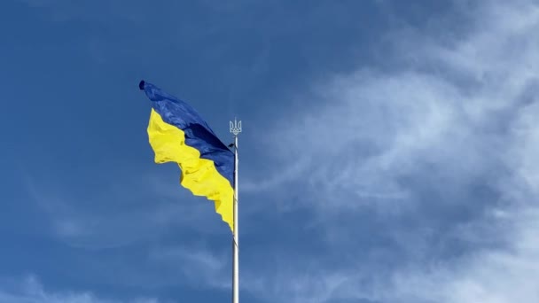 Bendera Ukraina, warna biru dan kuning, bergoyang di angin dengan latar belakang langit biru yang cerah. — Stok Video