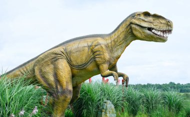 Close-up of a robotic dinosaur of the tyrannosaurus species in an amusement park.