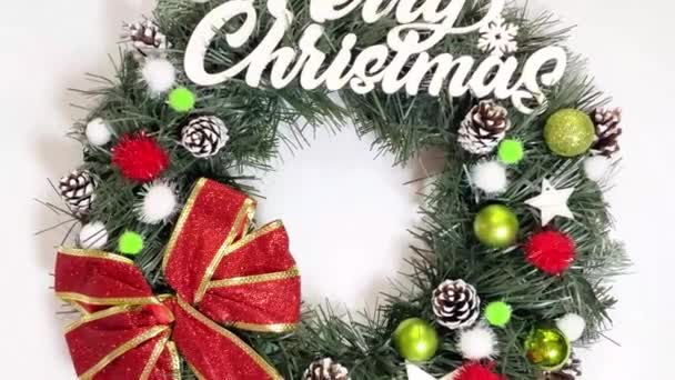 Christmas Wreath Decorating Front Door Holidays Made Spruce Silver Bows — Stock Video