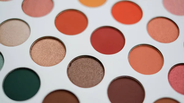 Selective focus of eyeshadow palette with various colors in pearly and matte closeup.