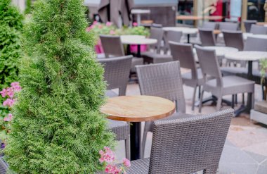 Açık bir günde restoranın terasında. Restoranın yakınındaki masa...