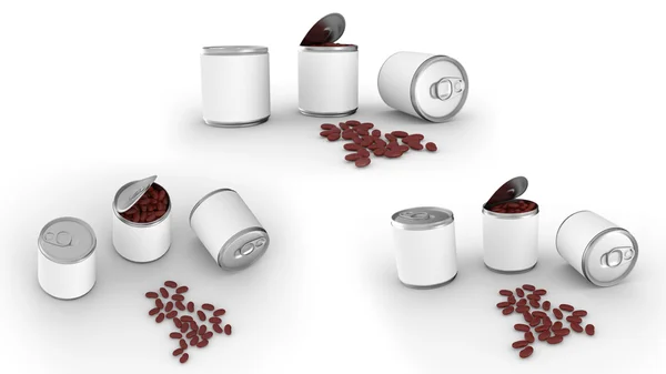 Latón blanco cerrado abierto lata de aluminio con frijoles rojos. Aislado sobre un fondo blanco 3d.Easy editable para su diseño . —  Fotos de Stock