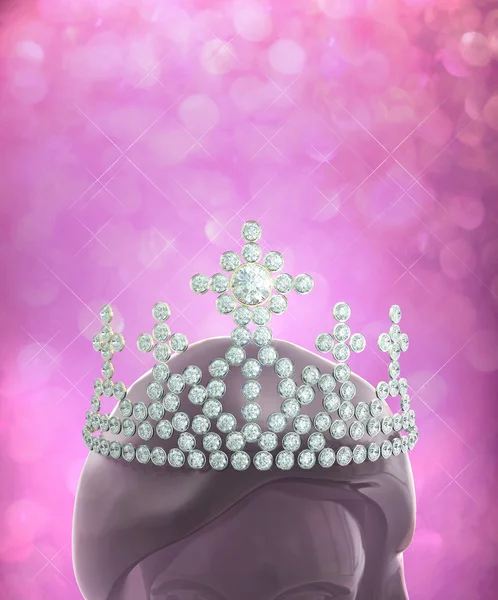 Diamonds crown on women head in pink glitter background — Stock Photo, Image