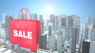 Huge Red Shopping Bag sale on city background