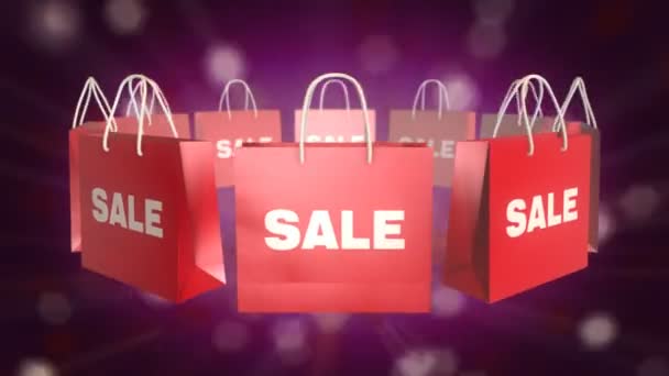 Bolso de compras rojo de la venta en fondo brillante — Vídeos de Stock
