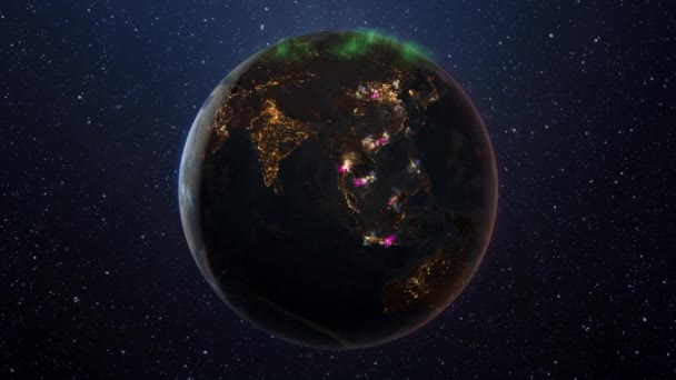 Новым Годом Фейерверки Над Городами Планета Земля Космоса Рендеринг — стоковое видео