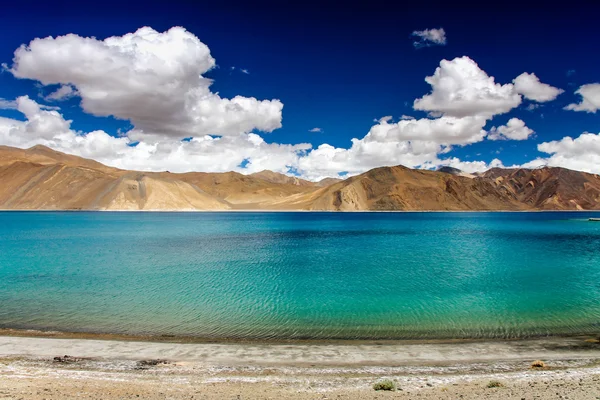 Lac bleu et turquoise avec des montagnes à l'arrière et un ciel bleu profond - Lac Pangong, Ladakh, Inde — Photo