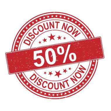 % 50 indirimli şimdi beyaz üzerine kırmızı damga metni