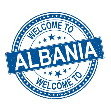 Arnavutluk 'a hoş geldiniz. Mavi pul. vektör illüstrasyonu