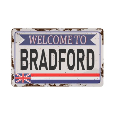 Bradford 'a hoş geldiniz. Beyaz arka planda paslı metal plaka, vektör çizimi.