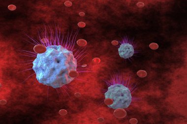 3 boyutlu illüstrasyon antikor enfeksiyonu kırmızı kan ile tıbbi sağlık salgını riski. Çin patojen solunum gribi Coronavirus, antivirüs COVID-19 hastalık gribi hücreleri. grip bağışıklığı.