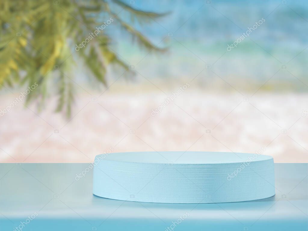 Blue podium on blue table on beach background