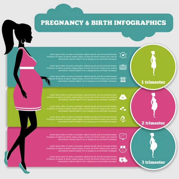 Zwangerschap en geboorte infographics en etappes — Stockvector