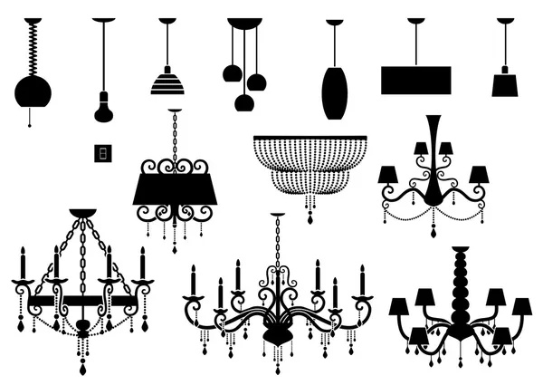 Set di silhouette Lampadario e lampada — Vettoriale Stock