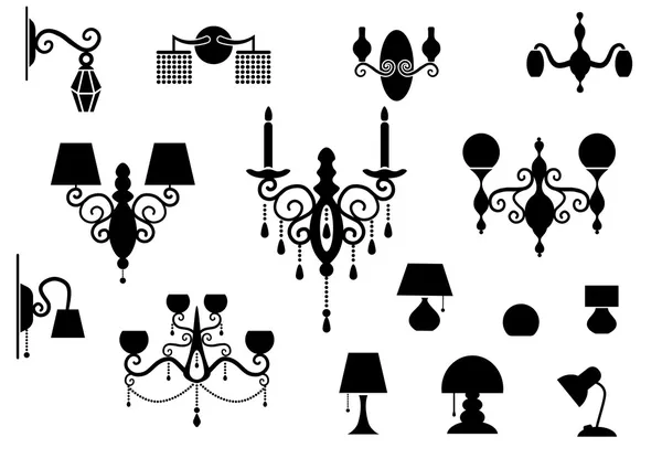 Ensembles de lampe de silhouette et lustre — Image vectorielle