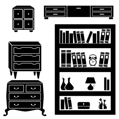 Set silhouettes of cupboard, chests and bookshelf clipart