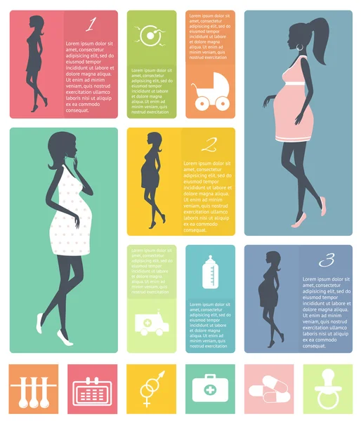 Pregnancy and birth infographics and stages — Stock Vector