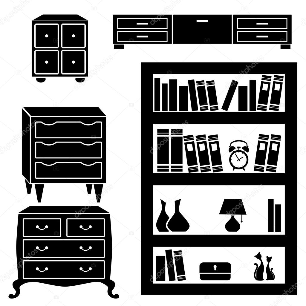 Set silhouettes of cupboard, chests and bookshelf