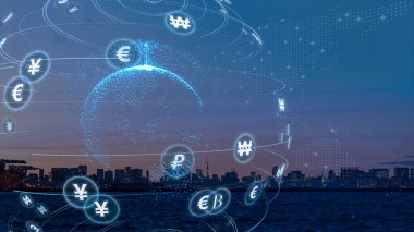 Borsa analizleri ve borsa ticareti, döviz sembolleri, iş grafikleri ve küresel para transferleri. 3B illüstrasyon.