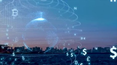 Borsa analizleri ve borsa ticareti, döviz sembolleri, iş grafikleri ve küresel para transferleri. 3B illüstrasyon.