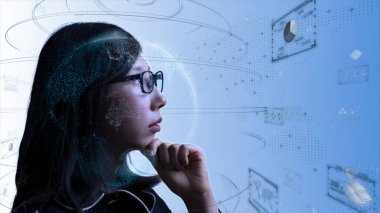 Farklı diyagram çizimleri olan iş bilgisi grafikleri. Veri görselleştirme elemanları, pazarlama grafikleri ve grafikleri. 5G ve yapay zeka teknolojisi geçmişi. Üç boyutlu illüstrasyon. Mesafe yaratmak için Bokeh.