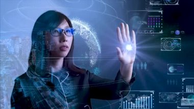 Female engineer concept mix media. Business infographics set with different diagram illustration. Data visualization elements, marketing charts and graphs. 5G and AI technology background. 3D illustration. 