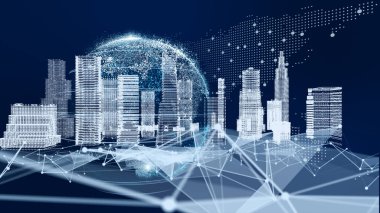 Farklı diyagram çizimleri olan iş bilgisi grafikleri. Veri görselleştirme elemanları, pazarlama grafikleri ve grafikleri. 5G ve yapay zeka teknolojisi geçmişi. 3B illüstrasyon. 