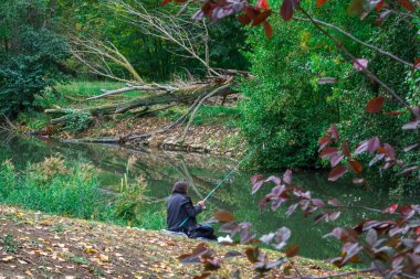 Palencia, Parque Sotillo 'da balık tutan adam. İspanya.