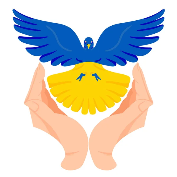 Hands are holding a peace dove in Urainian flag colors. No war concept. Blue and yellow conceptual idea - Support Ukraine. Peace art. Abstract patriotic ukrainian flag.
