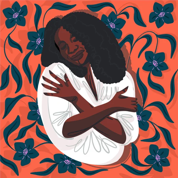A woman is hugging herself on orange background. Concept of self care, mental health, positive thinking, wellbeing
