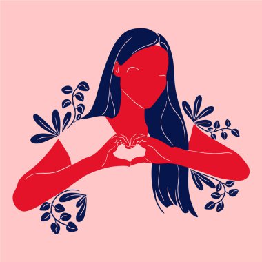 Woman with hands in the form of heart. Vector flat illustration. Making love sign by hands. Female silhouette.