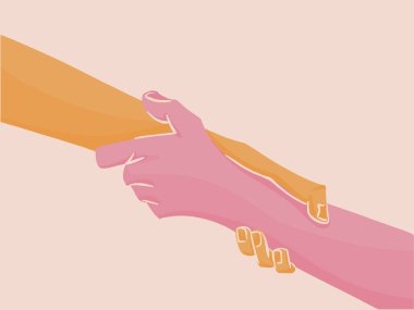 Concept of support and help. Illustration of two right hands holding each other strongly.