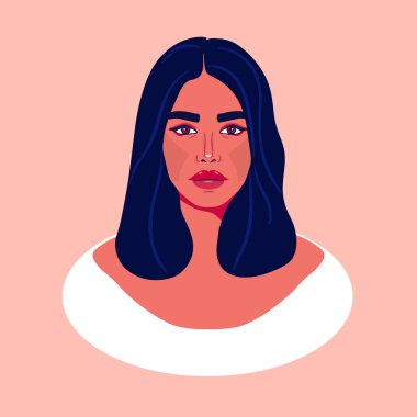 Vector illustration of a young woman with dark hair and pinkish skin. Avatar for social networks. Fashion and beauty. Bright vector illustration in flat style