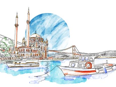 Simple vector watercolor sketch of Istanbul, Turkey. City view of the Ortakoy Mosque with the Bosphorus Bridge. Atmosphere of Turkey. Landscape illustration.