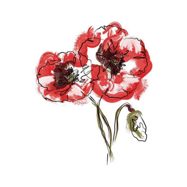 Abstract Two Red Poppy flowers. The effect of red gouache stains. Contemporary floral art style. Suitable for posters, logos and templates. Isolated on white background.
