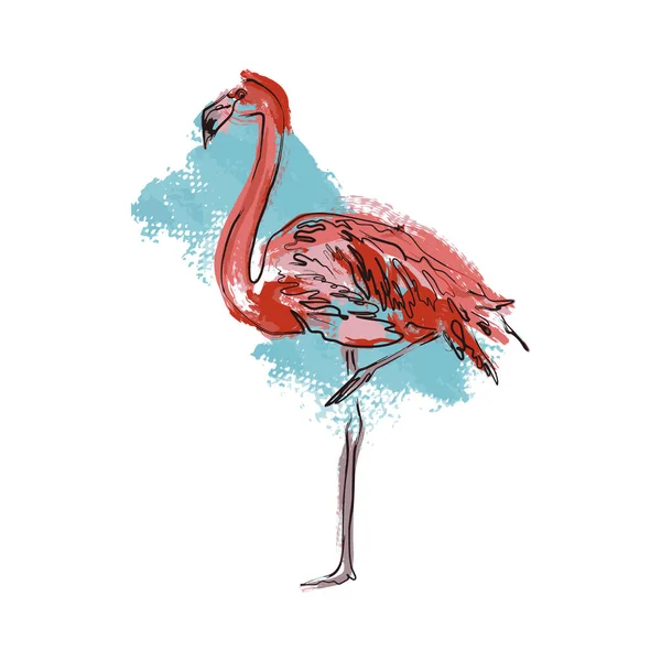An abstract beautiful pink flamingo stands on one leg. Splashes of red, pink and blue gouache. Vector isolated illustration on white background.