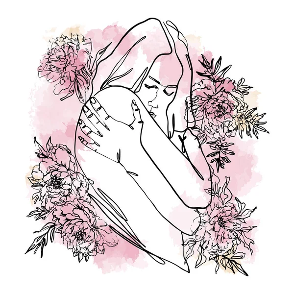 Silhouette of a naked female figure. Black linear sketch of a woman hugging herself in peonies. Self care concept. Watercolor pink spots.