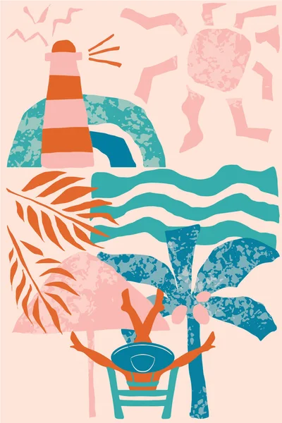 Abstract poster with a girl on the beach with palm trees, sea, lighthouse and birds. Summer chill. Summertime vacation card with female resting. Pinky flat vector illustration