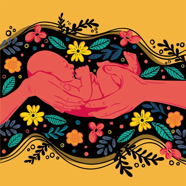 Hands of mom and dad holding a newborn baby among the flower arrangement. Concept of parenthood, new baby, newborn, motherhood and fatherhood. Happy family and new life
