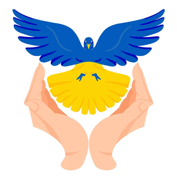 Hands Holding Peace Dove Urainian Flag Colors War Concept Blue — Stockový vektor