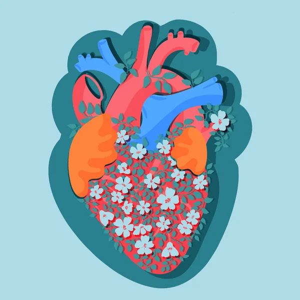 Anatomic flat heart with little white flowers and leaves. Papercut effect vector illustration. Love and self care concept